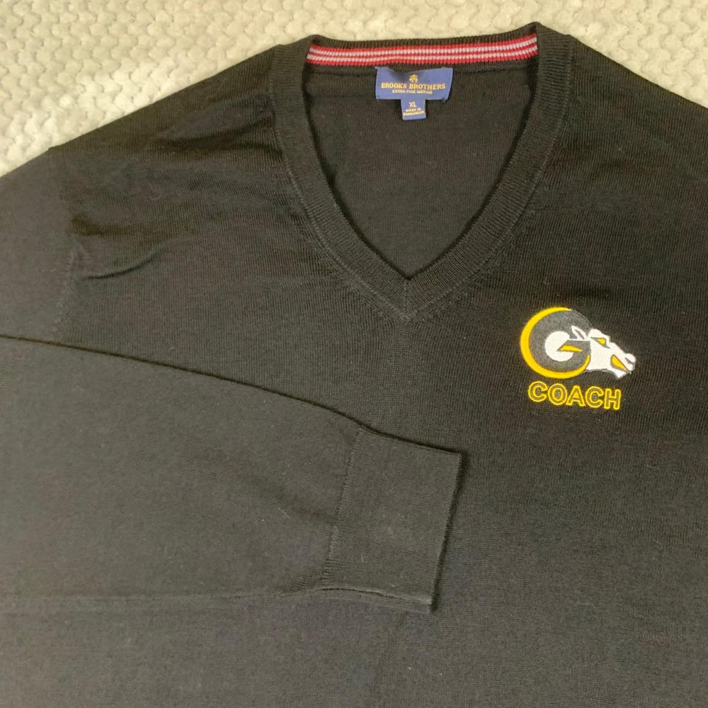 Brooks Brothers Merino Wool Sweater Mens XL Black V Neck Ram Coach Logo